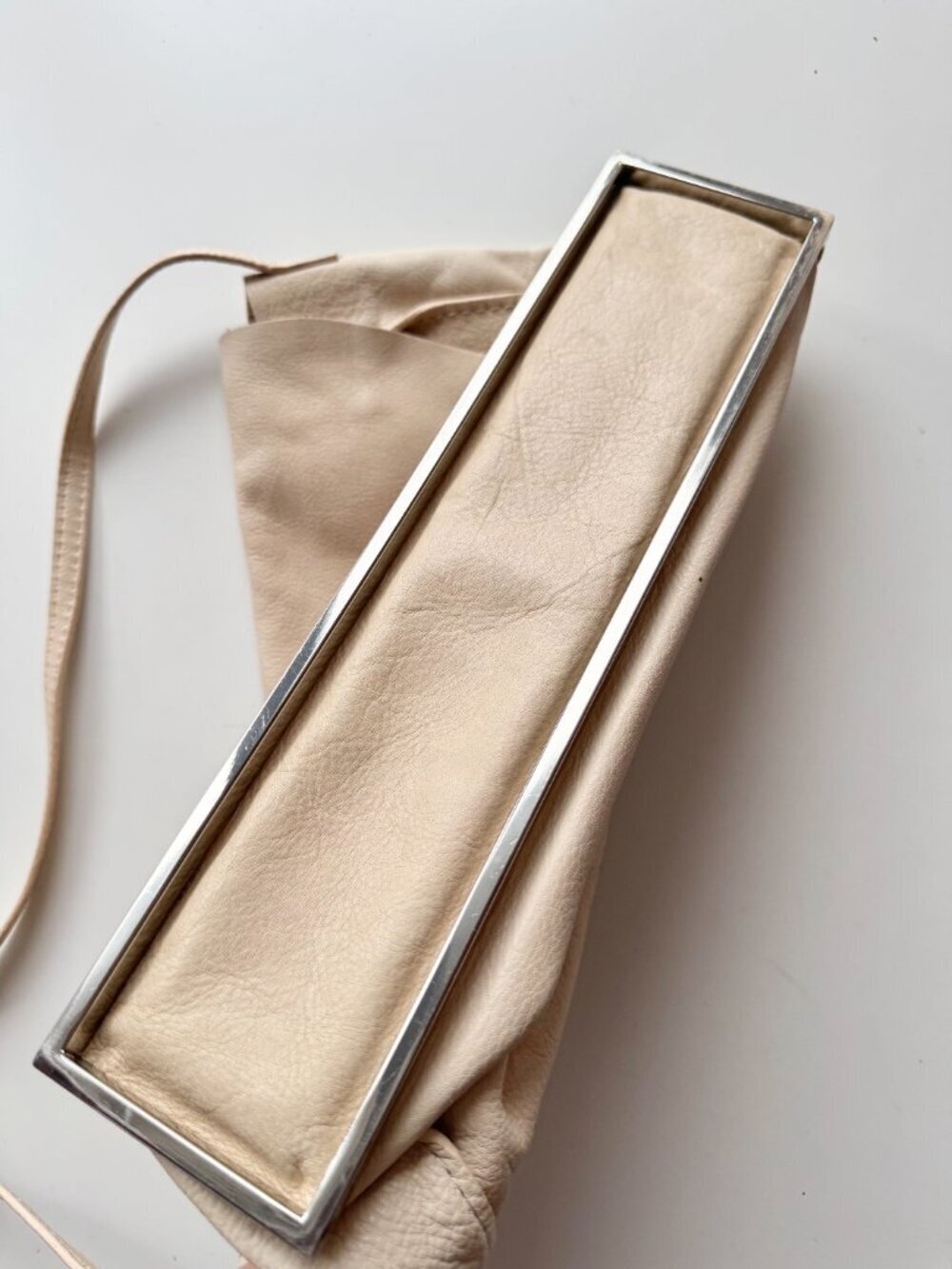 ZARA Beige Genuine Leather Foldover Flap Metal Frame Crossbody Bag Purse - Picture 7 of 15
